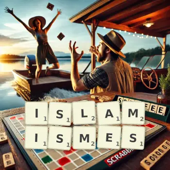 Illustration créative d'un jeu de lettres avec le mot ISLAMISMES épelé sur le plateau.