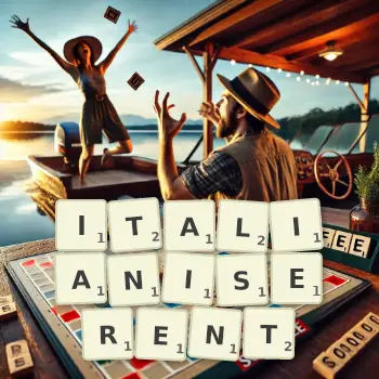 Illustration créative d'un jeu de lettres avec le mot ITALIANISERENT épelé sur le plateau.