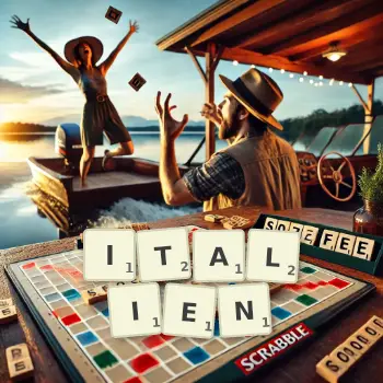 Illustration créative d'un jeu de lettres avec le mot ITALIEN épelé sur le plateau.