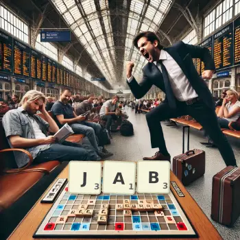 Illustration créative d'un jeu de lettres avec le mot JAB épelé sur le plateau.