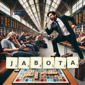 Illustration créative d'un jeu de lettres avec le mot JABOTA épelé sur le plateau.