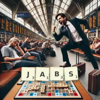 Illustration créative d'un jeu de lettres avec le mot JABS épelé sur le plateau.