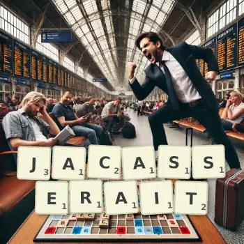 Illustration créative d'un jeu de lettres avec le mot JACASSERAIT épelé sur le plateau.
