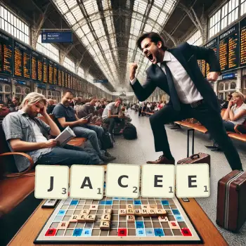 Illustration créative d'un jeu de lettres avec le mot JACEE épelé sur le plateau.