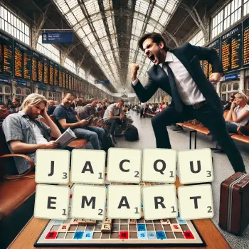 Illustration créative d'un jeu de lettres avec le mot JACQUEMART épelé sur le plateau.