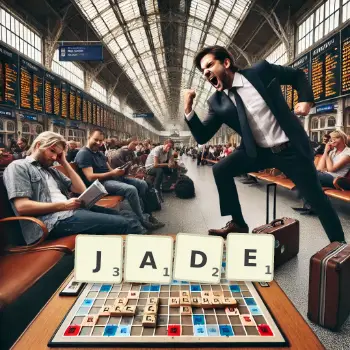 Illustration créative d'un jeu de lettres avec le mot JADE épelé sur le plateau.