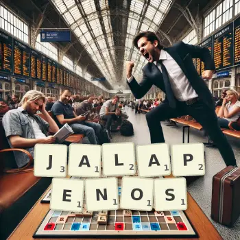 Illustration créative d'un jeu de lettres avec le mot JALAPENOS épelé sur le plateau.
