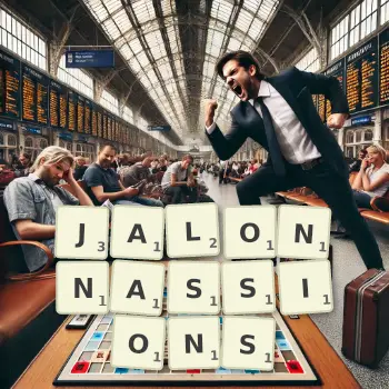 Illustration créative d'un jeu de lettres avec le mot JALONNASSIONS épelé sur le plateau.
