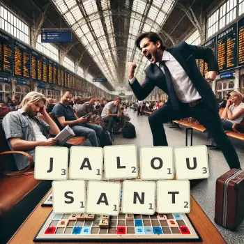 Illustration créative d'un jeu de lettres avec le mot JALOUSANT épelé sur le plateau.
