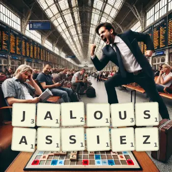 Illustration créative d'un jeu de lettres avec le mot JALOUSASSIEZ épelé sur le plateau.