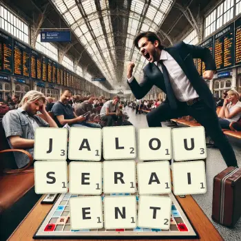 Illustration créative d'un jeu de lettres avec le mot JALOUSERAIENT épelé sur le plateau.