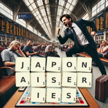 Illustration créative d'un jeu de lettres avec le mot JAPONAISERIES épelé sur le plateau.