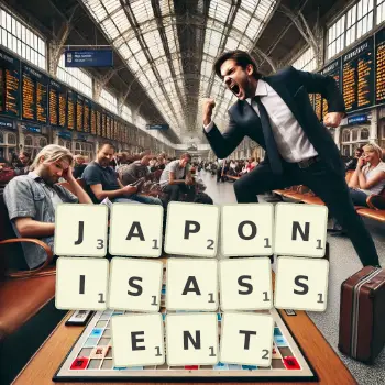 Illustration créative d'un jeu de lettres avec le mot JAPONISASSENT épelé sur le plateau.