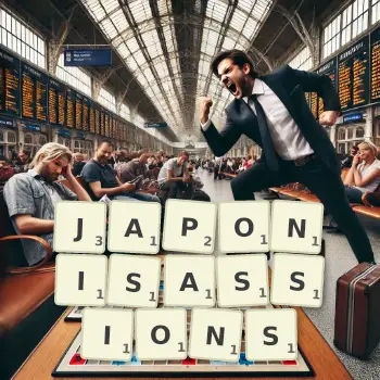 Illustration créative d'un jeu de lettres avec le mot JAPONISASSIONS épelé sur le plateau.