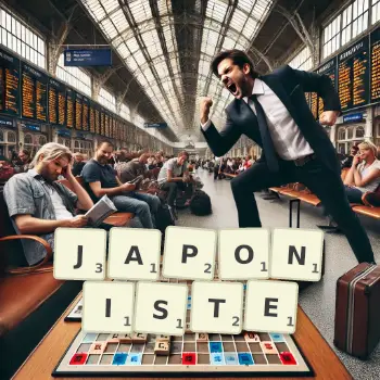 Illustration créative d'un jeu de lettres avec le mot JAPONISTE épelé sur le plateau.