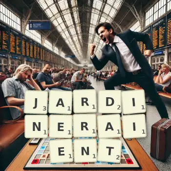 Illustration créative d'un jeu de lettres avec le mot JARDINERAIENT épelé sur le plateau.