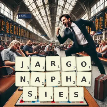 Illustration créative d'un jeu de lettres avec le mot JARGONAPHASIES épelé sur le plateau.