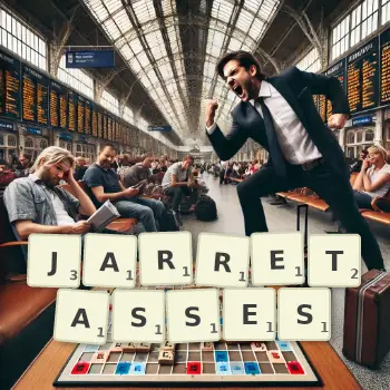 Illustration créative d'un jeu de lettres avec le mot JARRETASSES épelé sur le plateau.