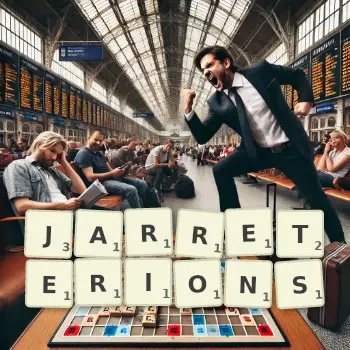 Illustration créative d'un jeu de lettres avec le mot JARRETERIONS épelé sur le plateau.