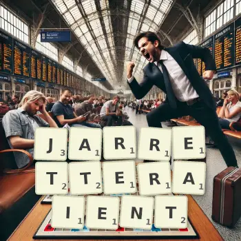 Illustration créative d'un jeu de lettres avec le mot JARRETTERAIENT épelé sur le plateau.