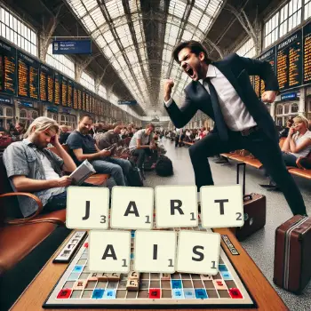 Illustration créative d'un jeu de lettres avec le mot JARTAIS épelé sur le plateau.