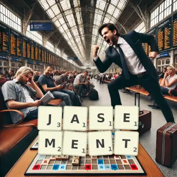 Illustration créative d'un jeu de lettres avec le mot JASEMENT épelé sur le plateau.