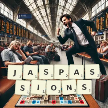 Illustration créative d'un jeu de lettres avec le mot JASPASSIONS épelé sur le plateau.