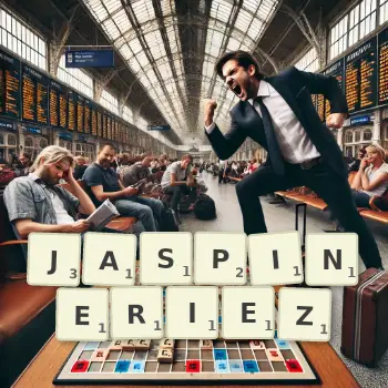 Illustration créative d'un jeu de lettres avec le mot JASPINERIEZ épelé sur le plateau.