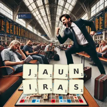 Illustration créative d'un jeu de lettres avec le mot JAUNIRAS épelé sur le plateau.