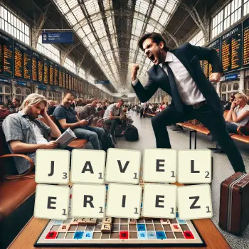 Illustration créative d'un jeu de lettres avec le mot JAVELERIEZ épelé sur le plateau.