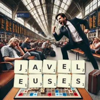 Illustration créative d'un jeu de lettres avec le mot JAVELEUSES épelé sur le plateau.