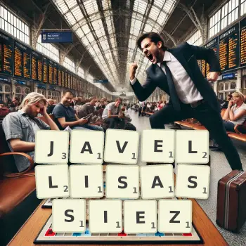 Illustration créative d'un jeu de lettres avec le mot JAVELLISASSIEZ épelé sur le plateau.