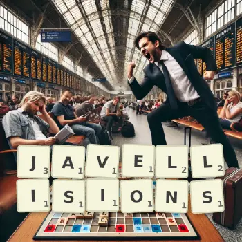 Illustration créative d'un jeu de lettres avec le mot JAVELLISIONS épelé sur le plateau.