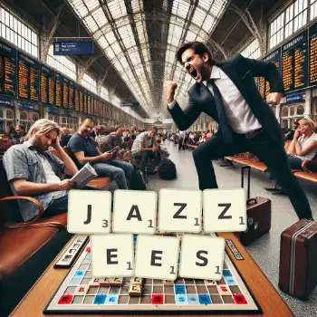 Illustration créative d'un jeu de lettres avec le mot JAZZEES épelé sur le plateau.
