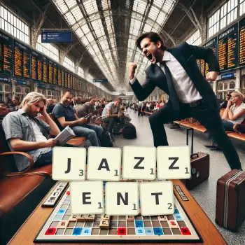 Illustration créative d'un jeu de lettres avec le mot JAZZENT épelé sur le plateau.