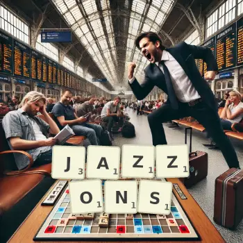 Illustration créative d'un jeu de lettres avec le mot JAZZONS épelé sur le plateau.