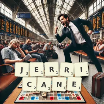 Illustration créative d'un jeu de lettres avec le mot JERRICANE épelé sur le plateau.
