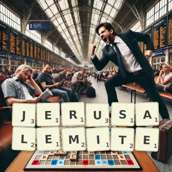 Illustration créative d'un jeu de lettres avec le mot JERUSALEMITE épelé sur le plateau.