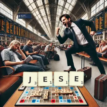 Illustration créative d'un jeu de lettres avec le mot JESE épelé sur le plateau.