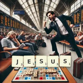Illustration créative d'un jeu de lettres avec le mot JESUS épelé sur le plateau.