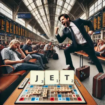 Illustration créative d'un jeu de lettres avec le mot JET épelé sur le plateau.