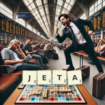 Illustration créative d'un jeu de lettres avec le mot JETA épelé sur le plateau.