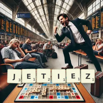 Illustration créative d'un jeu de lettres avec le mot JETIEZ épelé sur le plateau.