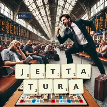 Illustration créative d'un jeu de lettres avec le mot JETTATURA épelé sur le plateau.
