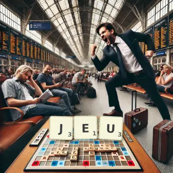 Illustration créative d'un jeu de lettres avec le mot JEU épelé sur le plateau.