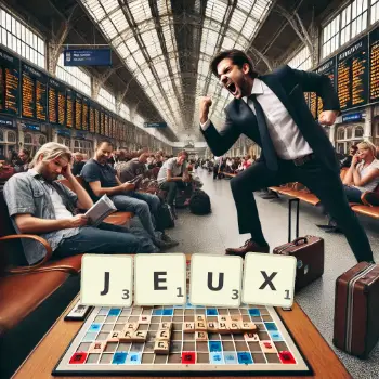 Illustration créative d'un jeu de lettres avec le mot JEUX épelé sur le plateau.