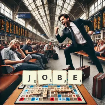 Illustration créative d'un jeu de lettres avec le mot JOBE épelé sur le plateau.