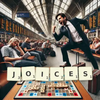 Illustration créative d'un jeu de lettres avec le mot JOICES épelé sur le plateau.
