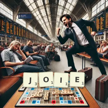 Illustration créative d'un jeu de lettres avec le mot JOIE épelé sur le plateau.
