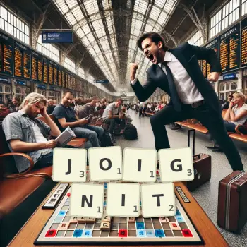 Illustration créative d'un jeu de lettres avec le mot JOIGNIT épelé sur le plateau.